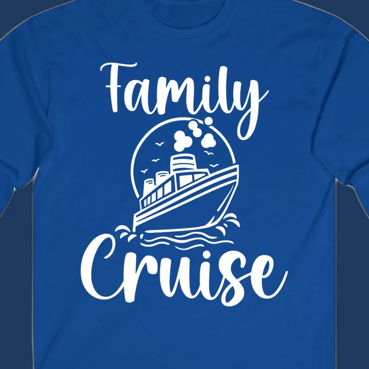 Family cruise ship illustration with ocean waves and birds in circular frame design