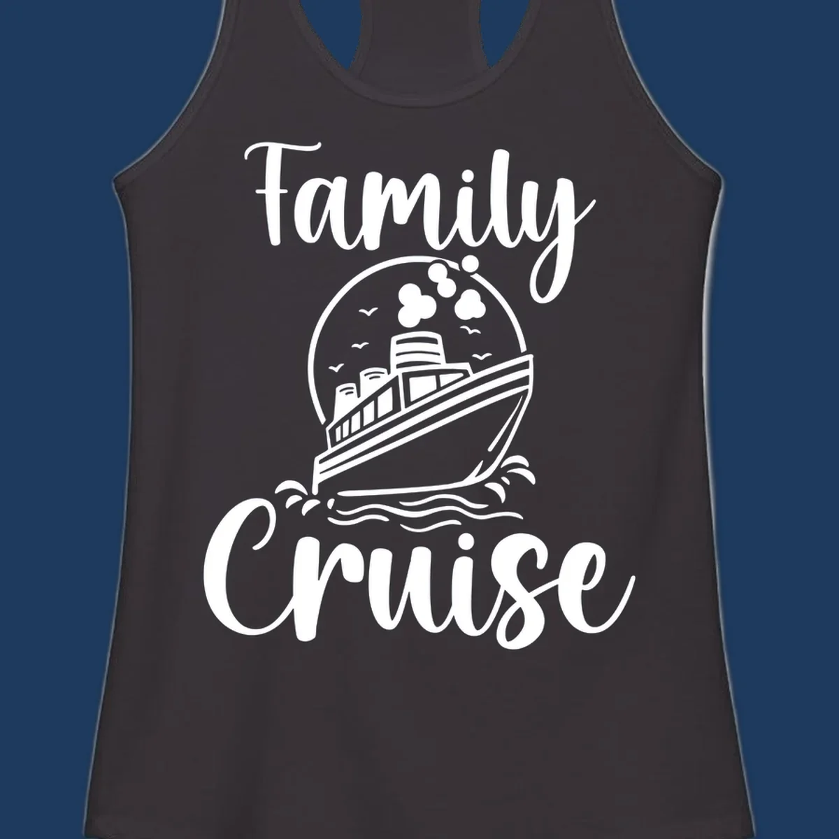 Family cruise ship illustration with ocean waves and birds in circular frame design