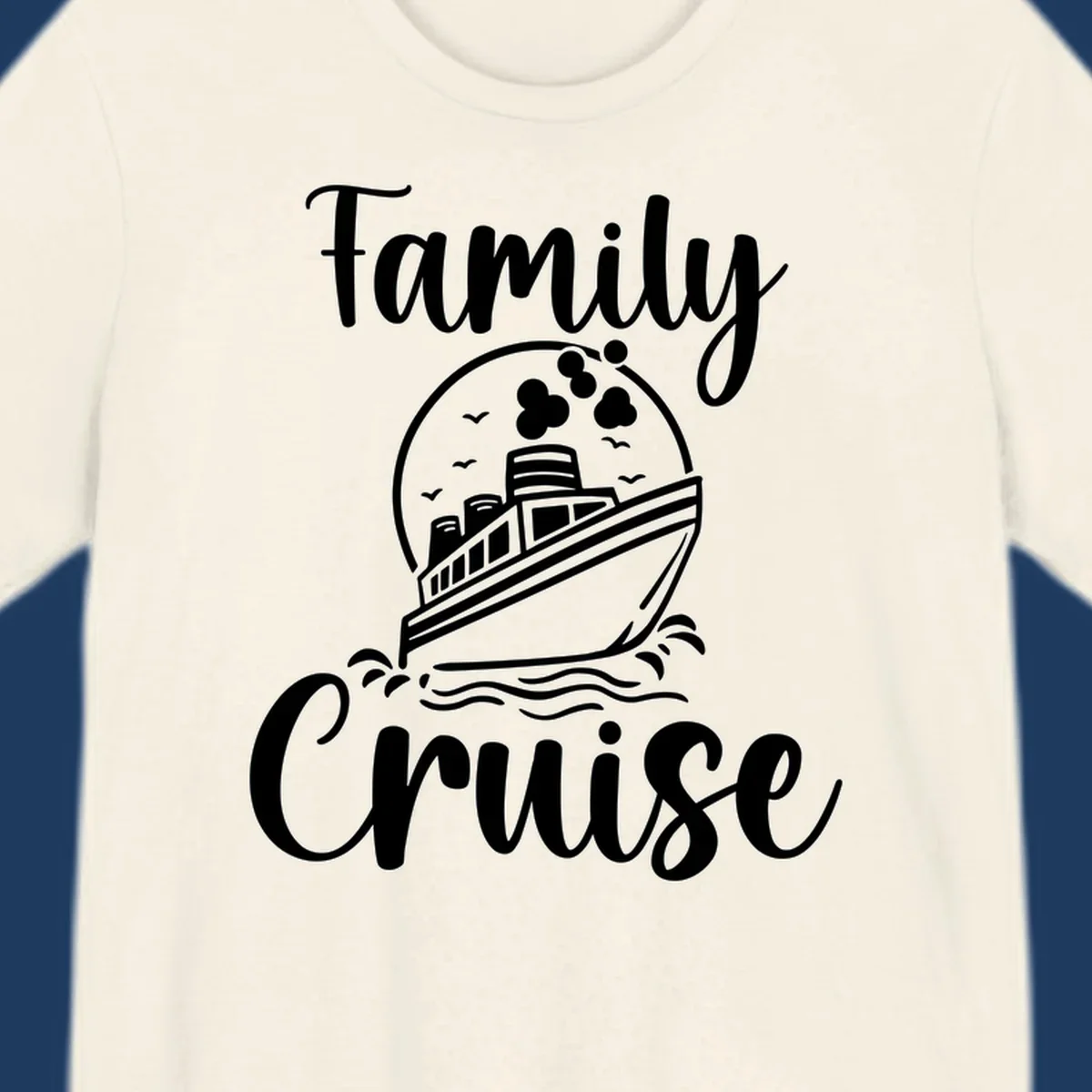 Family cruise ship illustration with ocean waves and birds in circular frame design