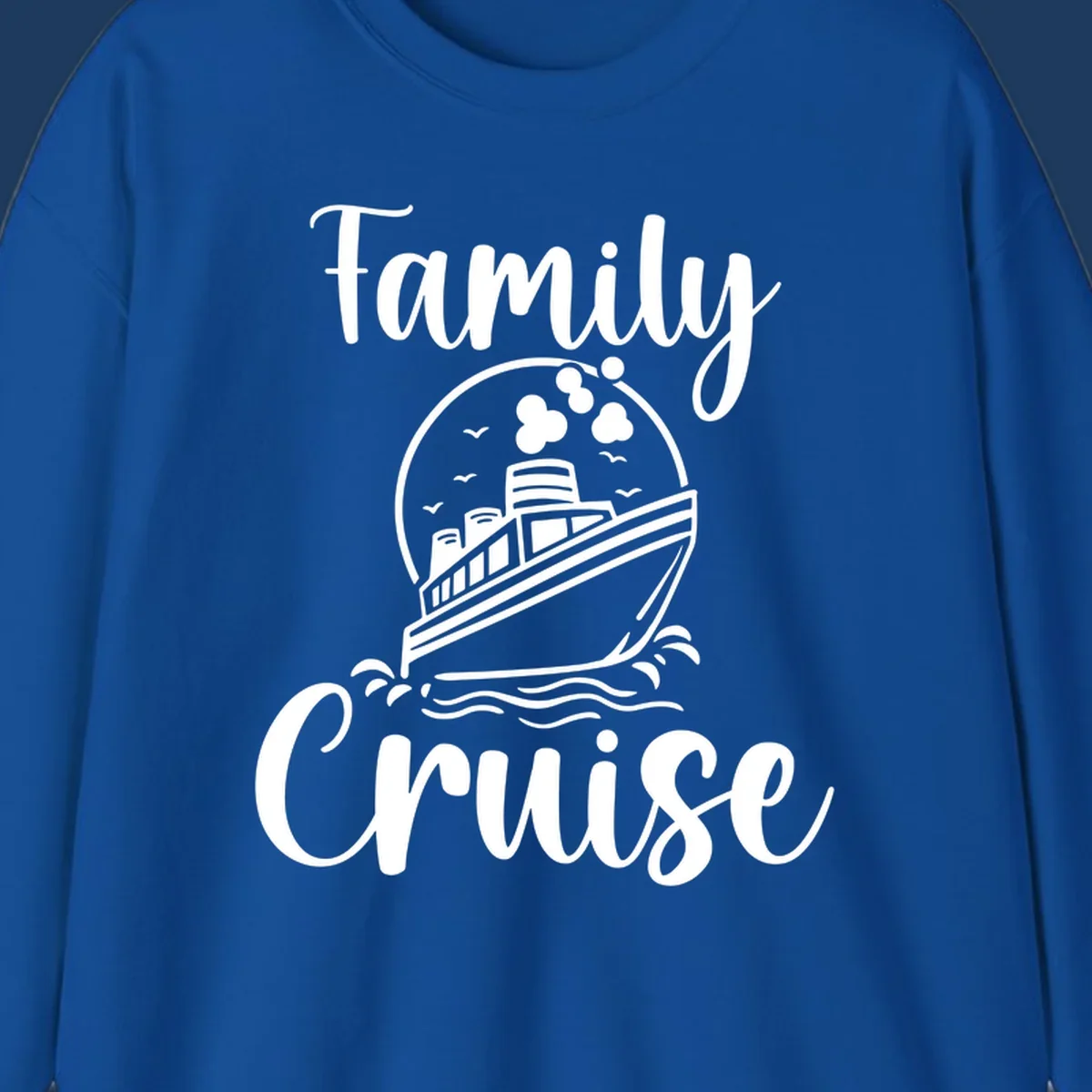 Family cruise ship illustration with ocean waves and birds in circular frame design