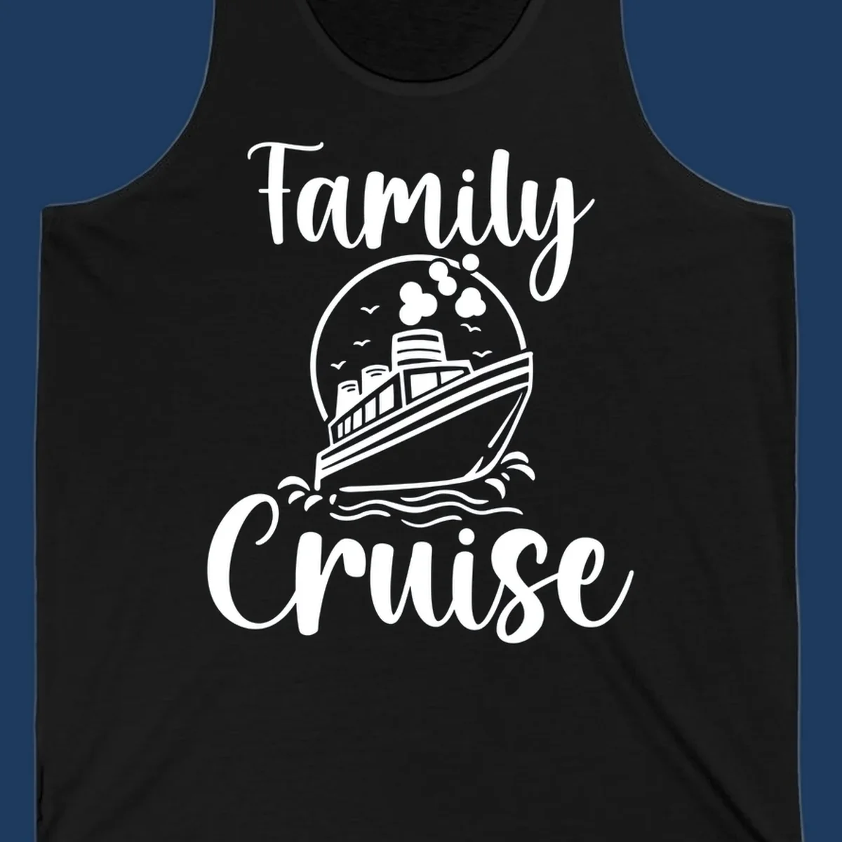 Family cruise ship illustration with ocean waves and birds in circular frame design