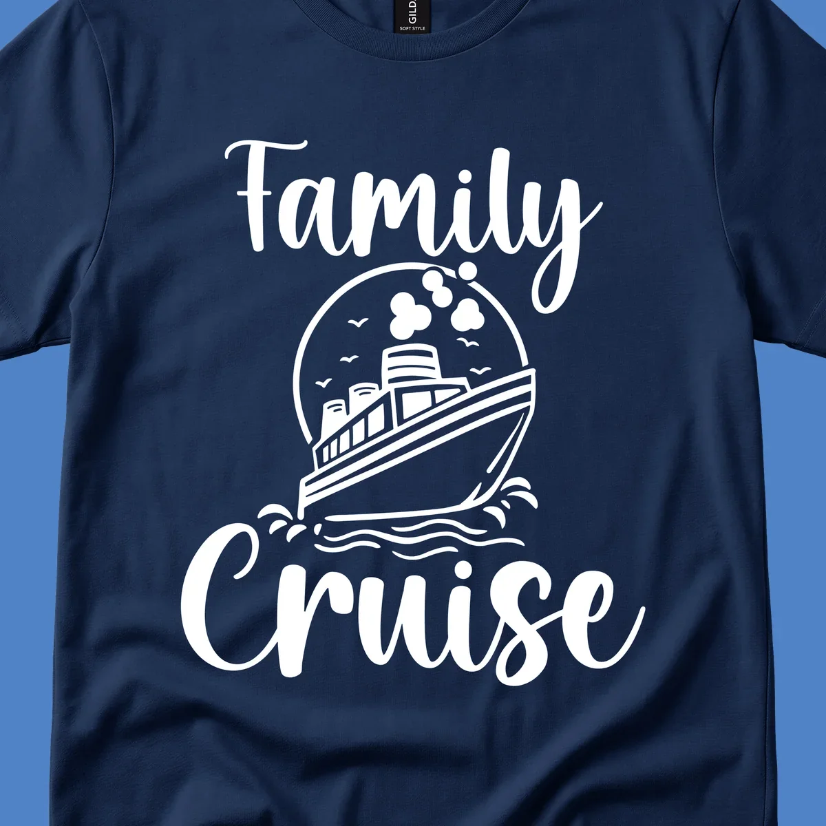Family cruise ship illustration with ocean waves and birds in circular frame design