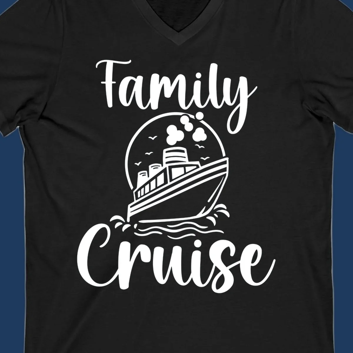 Family cruise ship illustration with ocean waves and birds in circular frame design