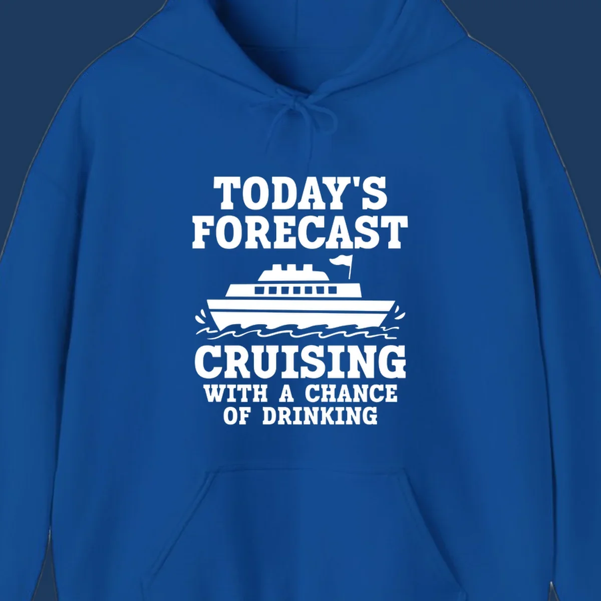 Forecast-style graphic with cruise ship on waves and text reading 'Today's Forecast: Cruising With A Chance Of Drinking'