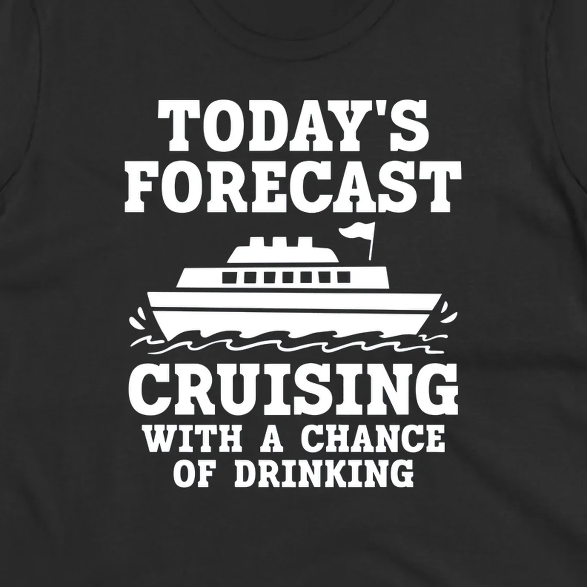 Forecast-style graphic with cruise ship on waves and text reading 'Today's Forecast: Cruising With A Chance Of Drinking'