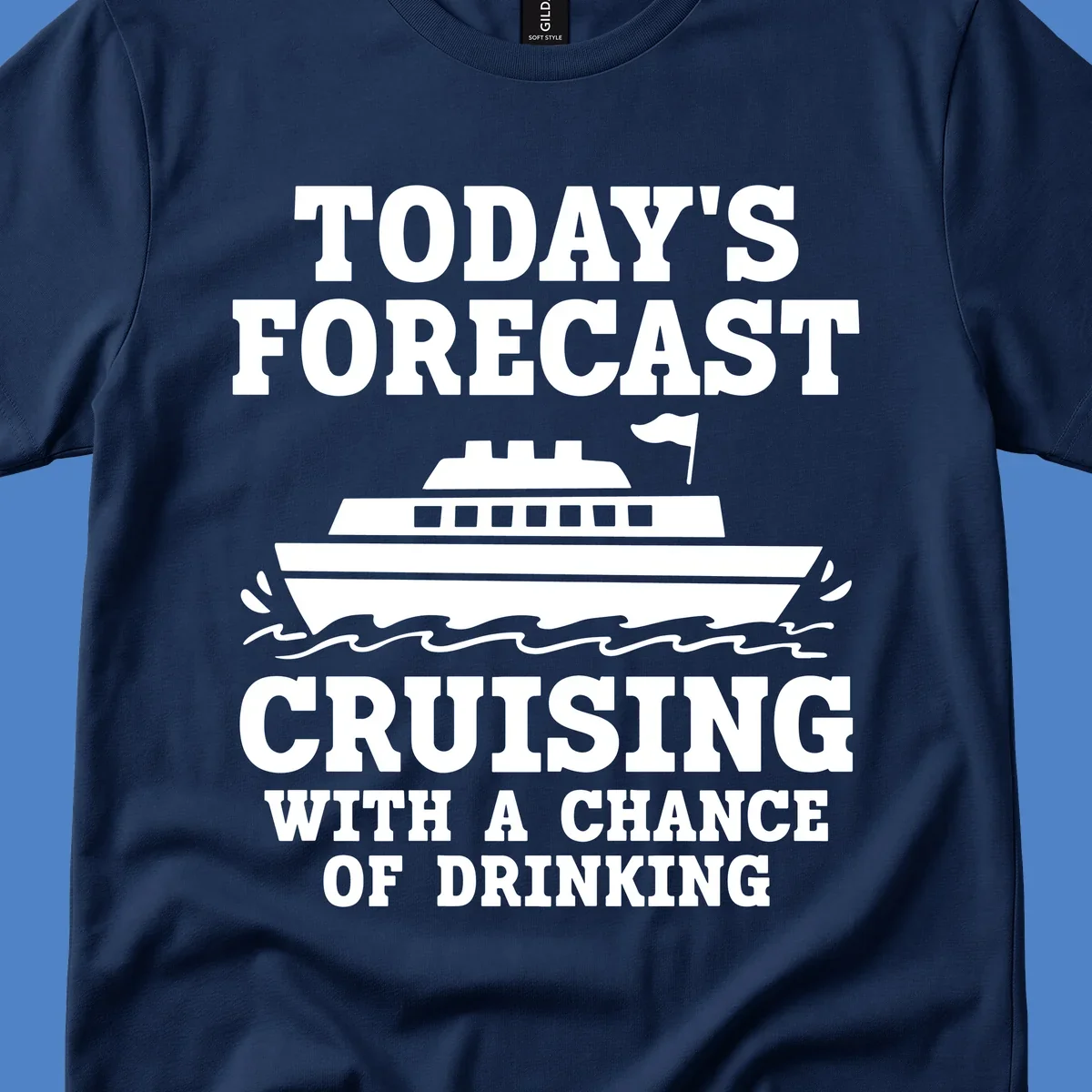 Forecast-style graphic with cruise ship on waves and text reading 'Today's Forecast: Cruising With A Chance Of Drinking'