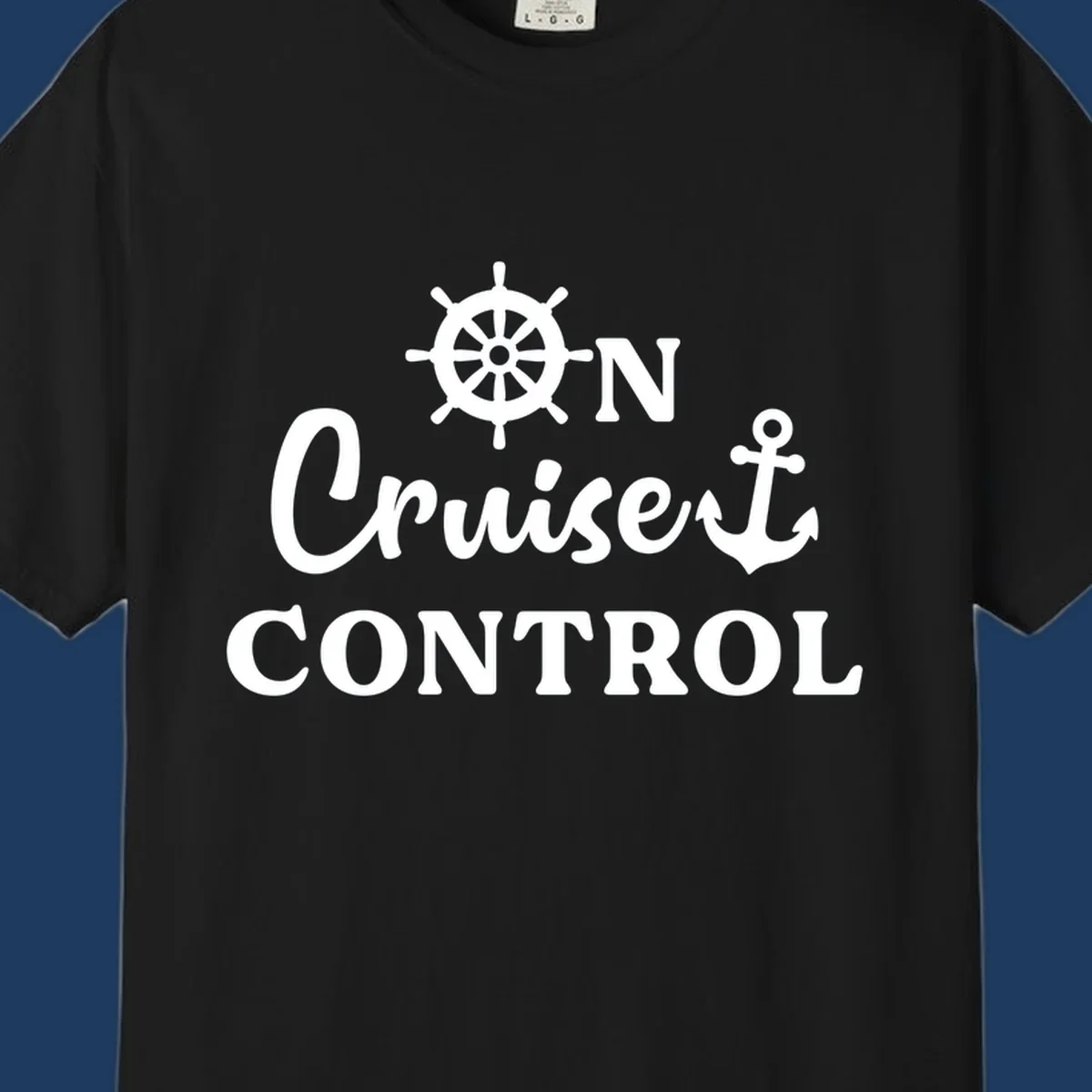 White ship's wheel and anchor icons with 'ON Cruiset CONTROL' text on gray background - cruiset control nautical design