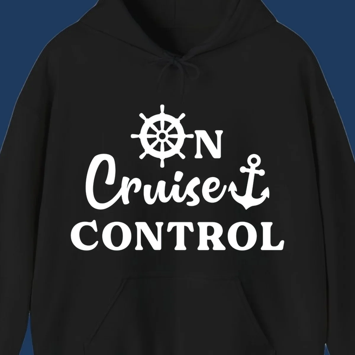 White ship's wheel and anchor icons with 'ON Cruiset CONTROL' text on gray background - cruiset control nautical design