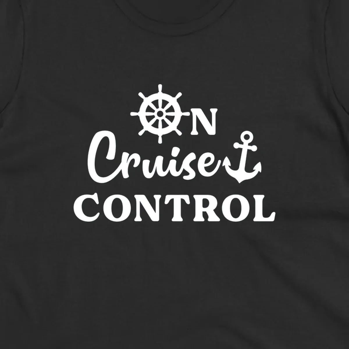 White ship's wheel and anchor icons with 'ON Cruiset CONTROL' text on gray background - cruiset control nautical design
