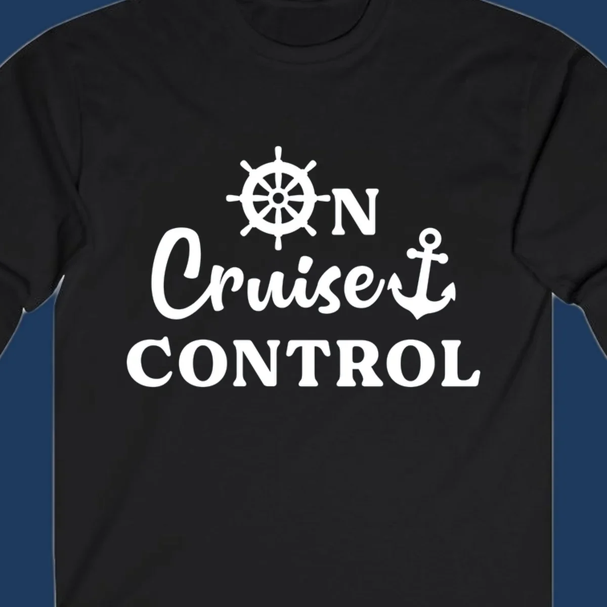 White ship's wheel and anchor icons with 'ON Cruiset CONTROL' text on gray background - cruiset control nautical design