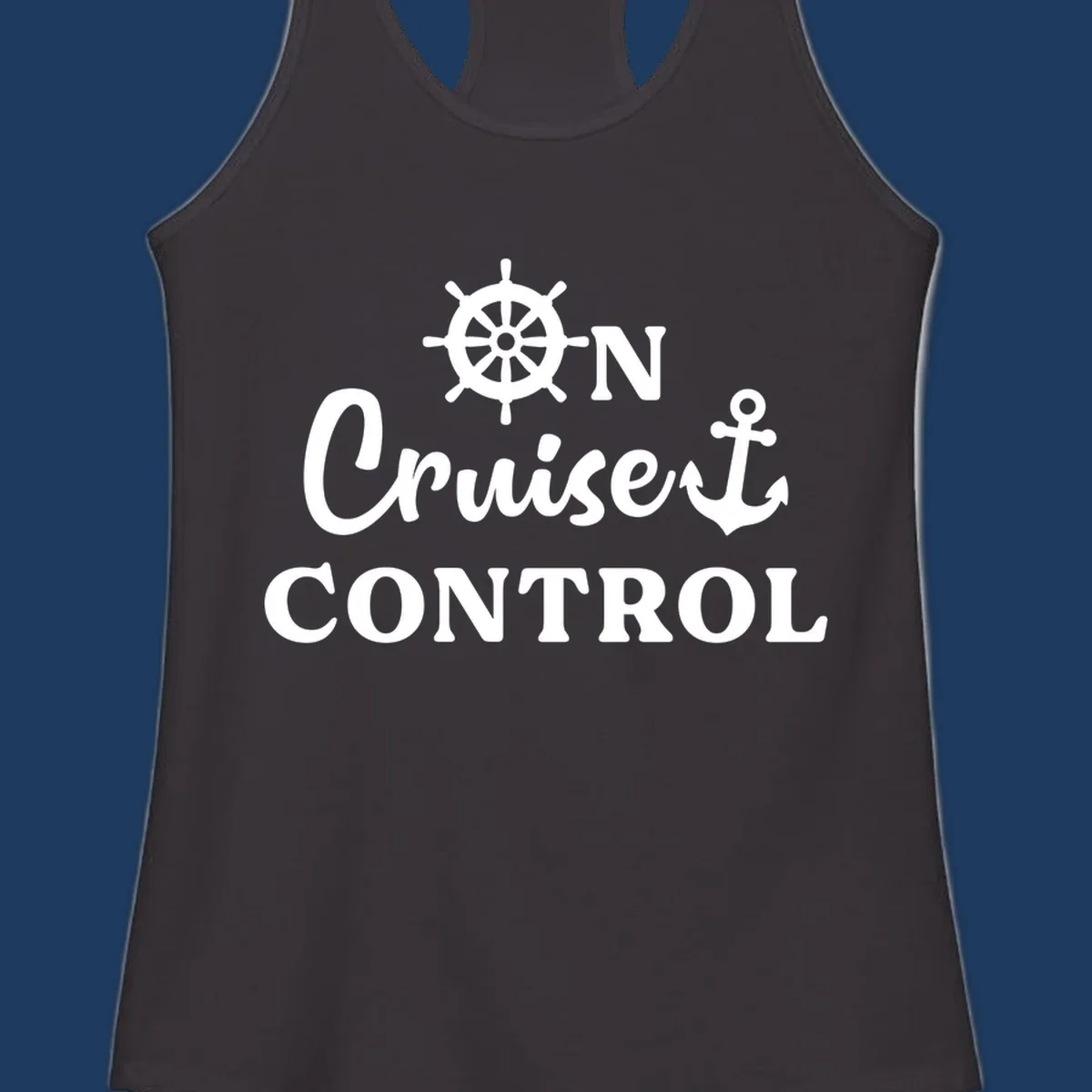 White ship's wheel and anchor icons with 'ON Cruiset CONTROL' text on gray background - cruiset control nautical design