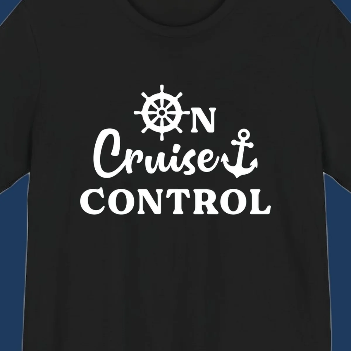 White ship's wheel and anchor icons with 'ON Cruiset CONTROL' text on gray background - cruiset control nautical design