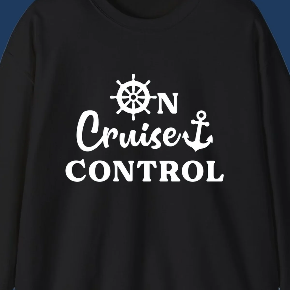 White ship's wheel and anchor icons with 'ON Cruiset CONTROL' text on gray background - cruiset control nautical design