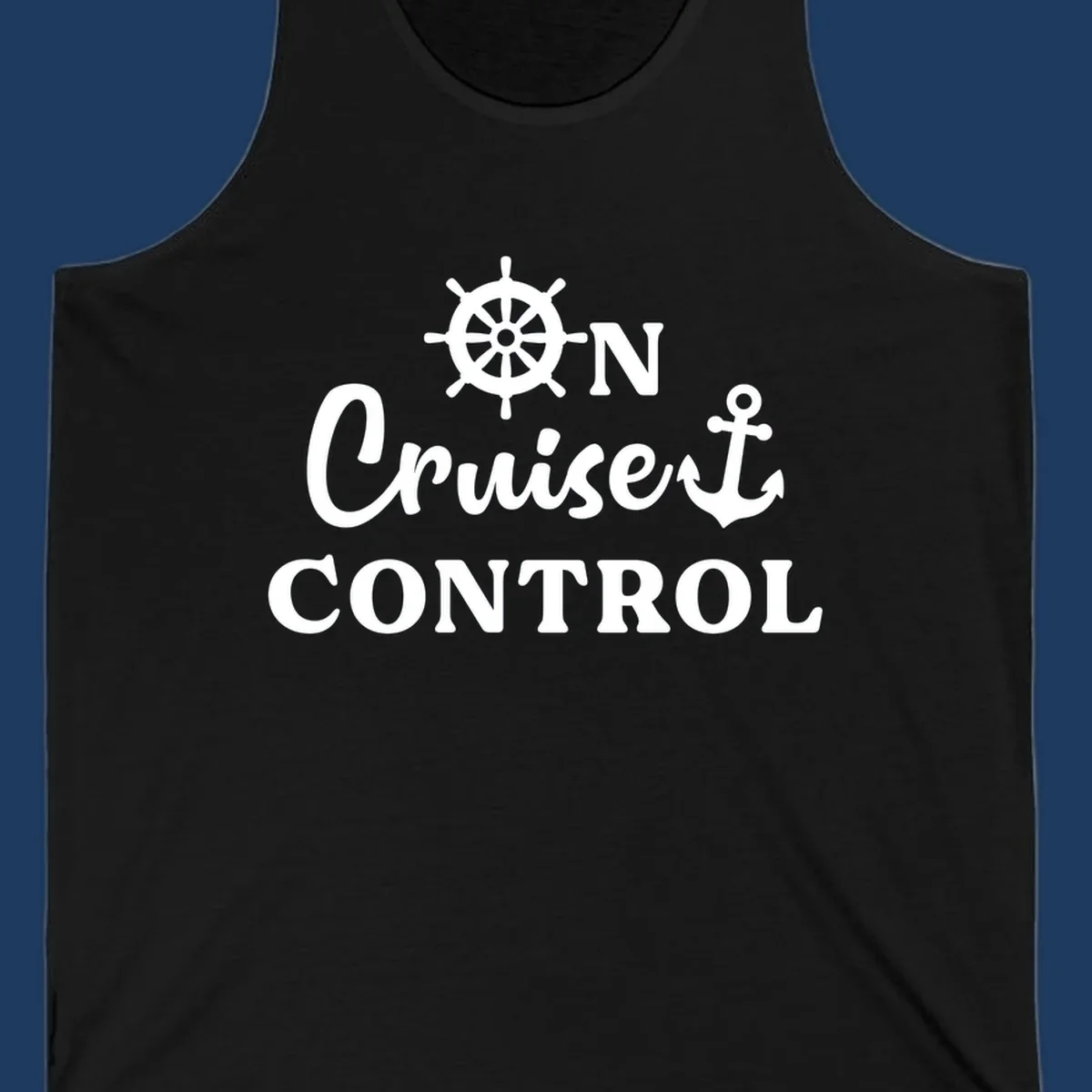 White ship's wheel and anchor icons with 'ON Cruiset CONTROL' text on gray background - cruiset control nautical design