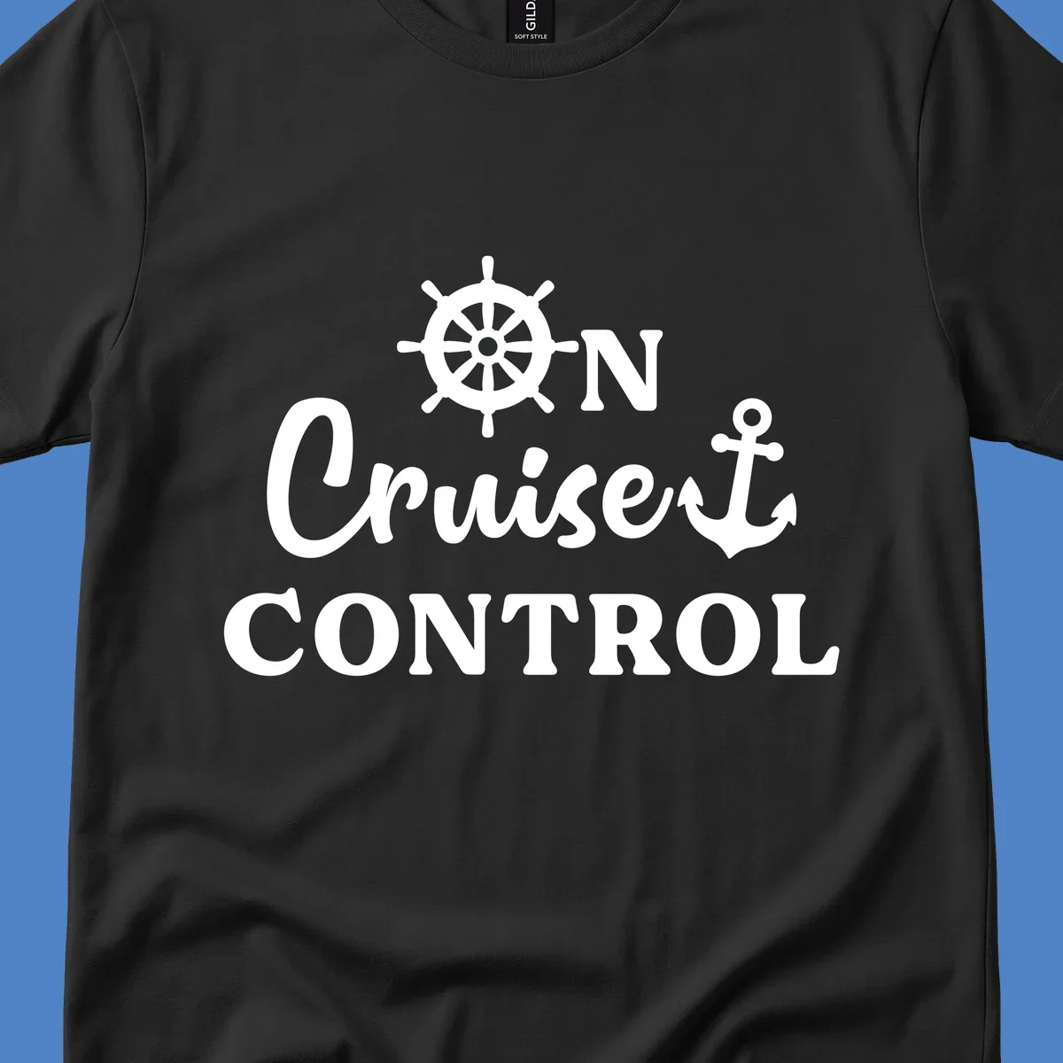White ship's wheel and anchor icons with 'ON Cruiset CONTROL' text on gray background - cruiset control nautical design