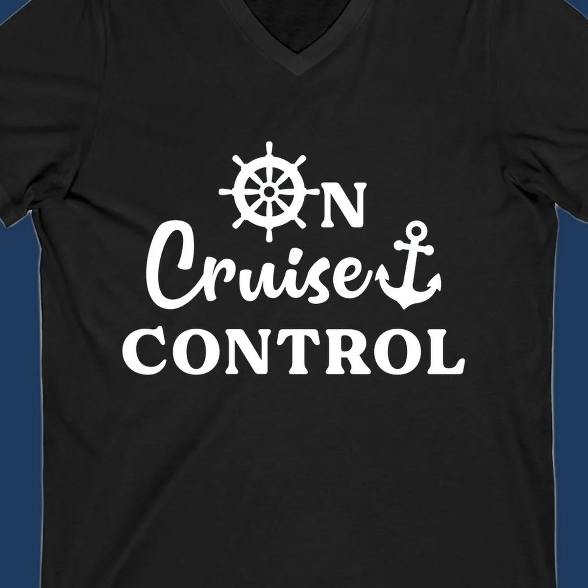 White ship's wheel and anchor icons with 'ON Cruiset CONTROL' text on gray background - cruiset control nautical design