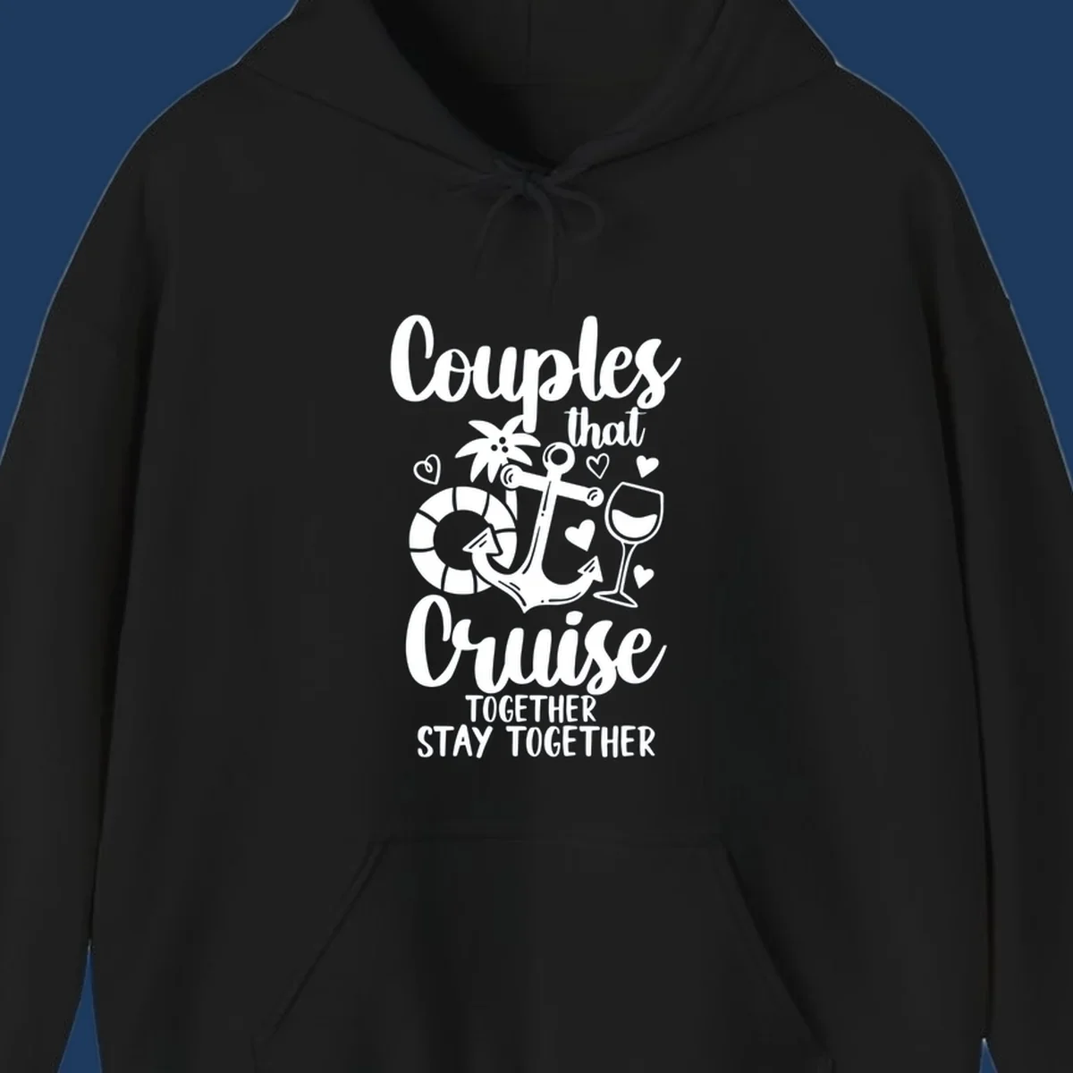 Couples that cruise together design with anchor, wine glass, life preserver, palm tree and hearts on gray background