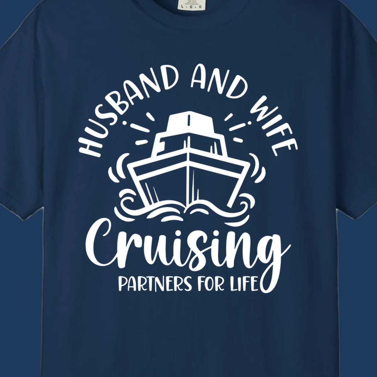 Husband and wife cruise partners design with cruise ship, ocean waves, and radiating lines on gray background