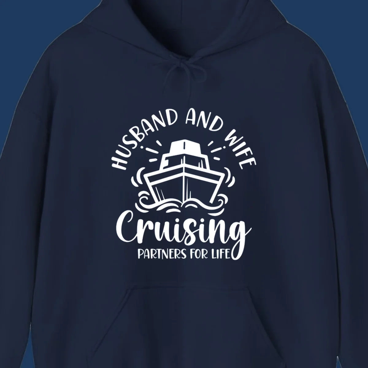 Husband and wife cruise partners design with cruise ship, ocean waves, and radiating lines on gray background