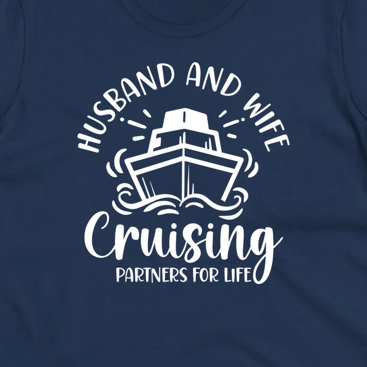 Husband and wife cruise partners design with cruise ship, ocean waves, and radiating lines on gray background