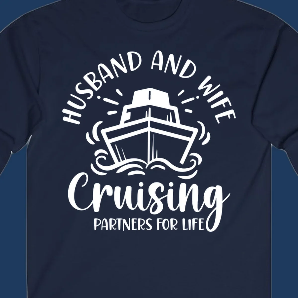 Husband and wife cruise partners design with cruise ship, ocean waves, and radiating lines on gray background