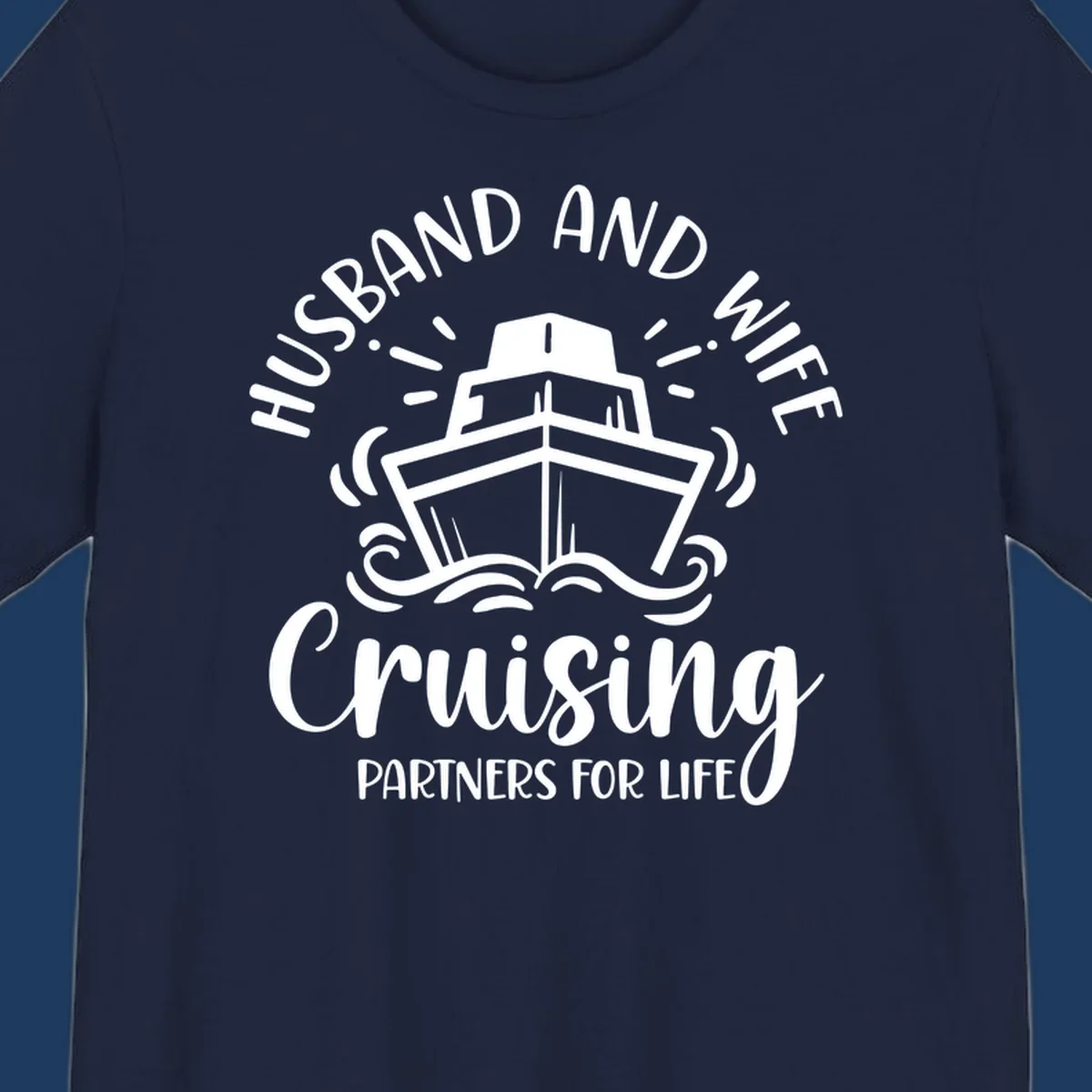 Husband and wife cruise partners design with cruise ship, ocean waves, and radiating lines on gray background
