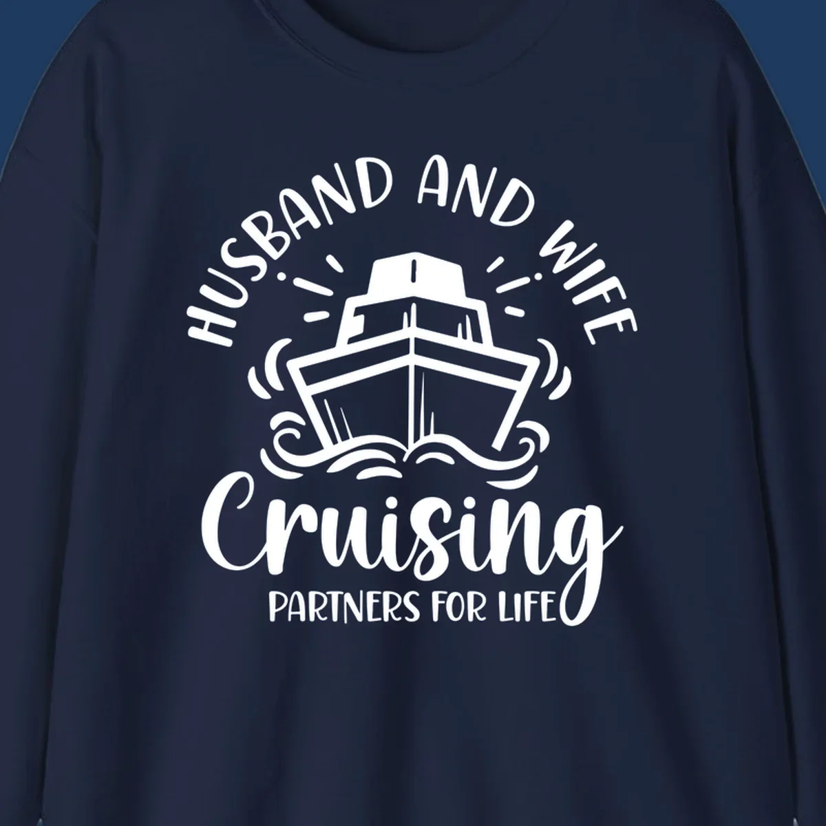 Husband and wife cruise partners design with cruise ship, ocean waves, and radiating lines on gray background