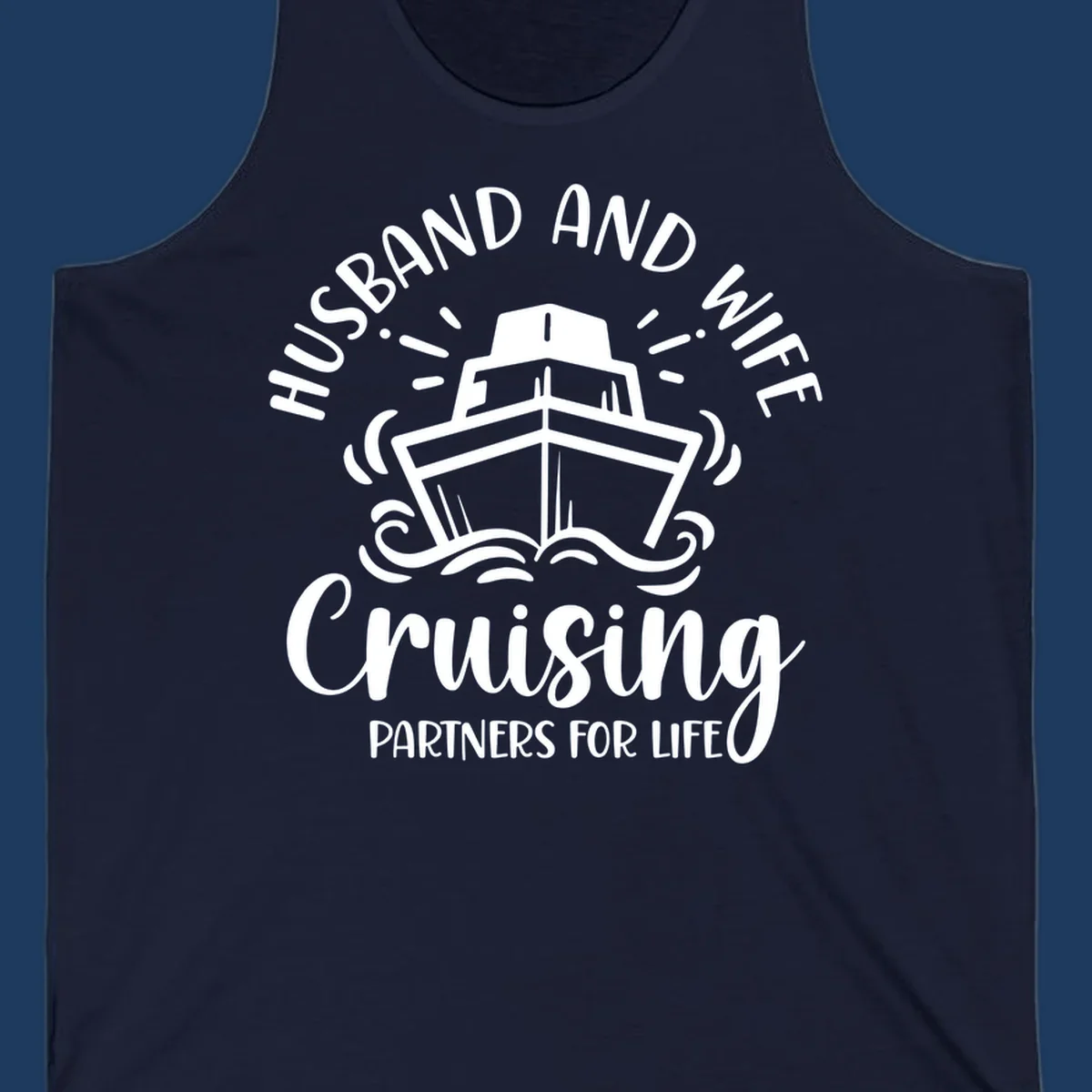 Husband and wife cruise partners design with cruise ship, ocean waves, and radiating lines on gray background