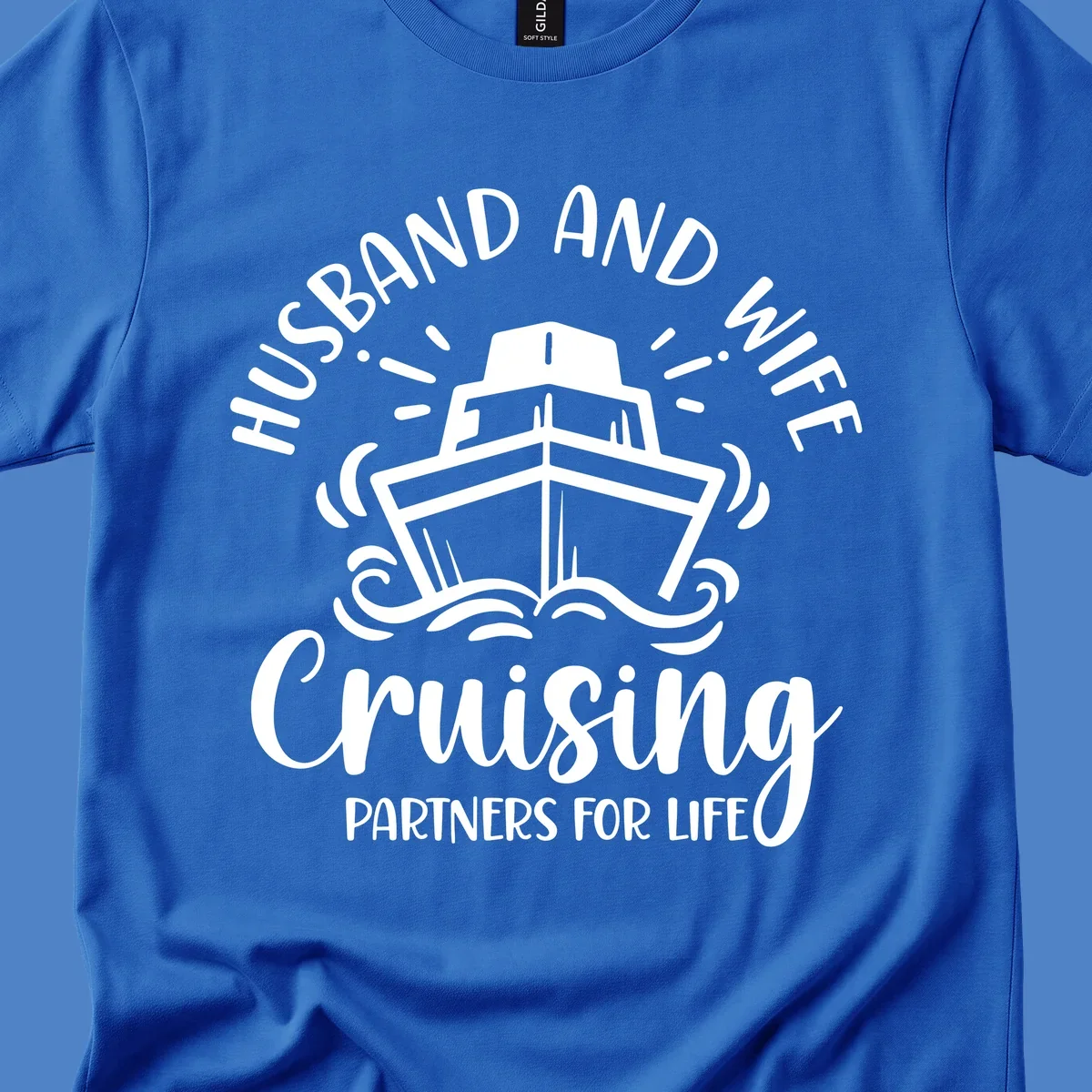 Husband and wife cruise partners design with cruise ship, ocean waves, and radiating lines on gray background