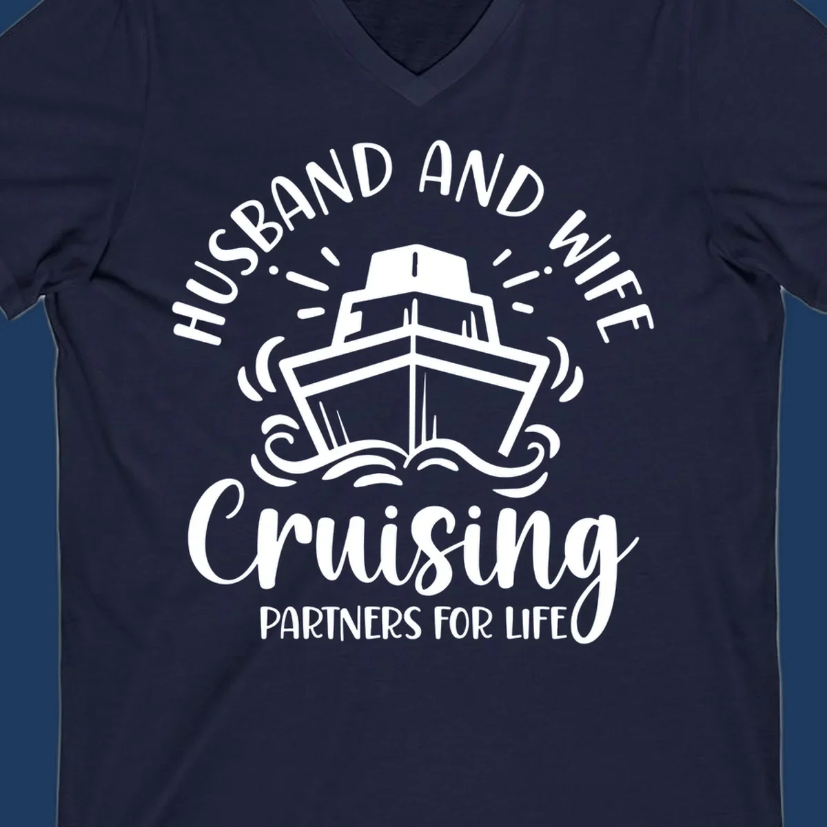 Husband and wife cruise partners design with cruise ship, ocean waves, and radiating lines on gray background