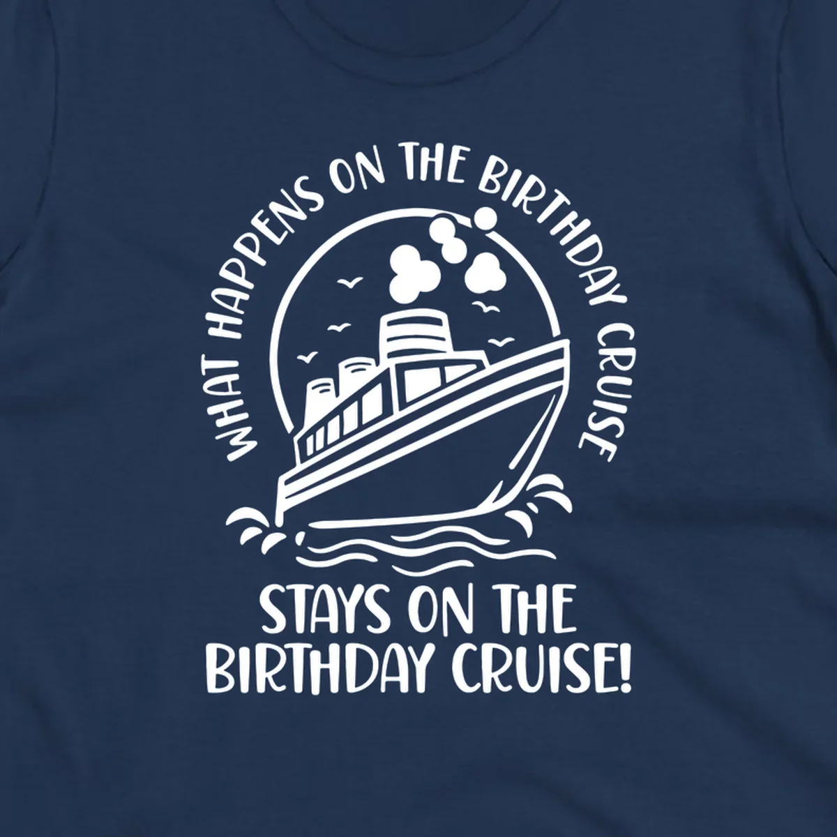 Vintage badge with cruise ship and balloons, text reads 'What Happens On The Birthday Cruise Stays On The Birthday Cruise'