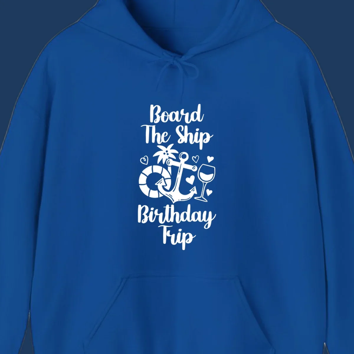 Board the ship birthday trip nautical design with anchor, life preserver, palm tree, wine glass and hearts on gray background