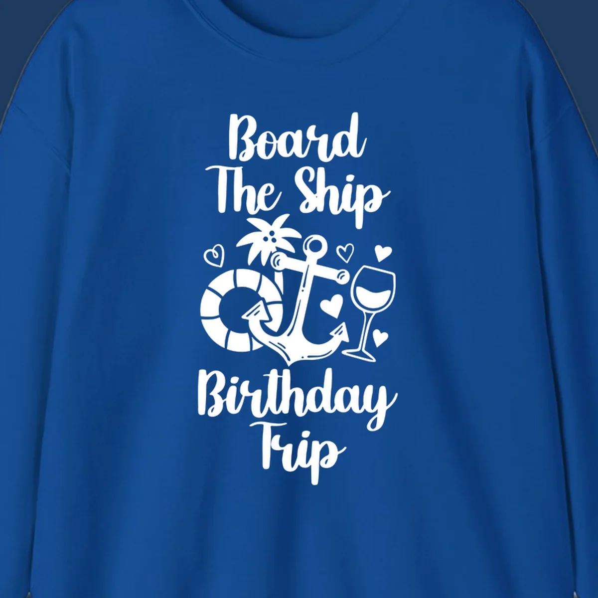 Board the ship birthday trip nautical design with anchor, life preserver, palm tree, wine glass and hearts on gray background