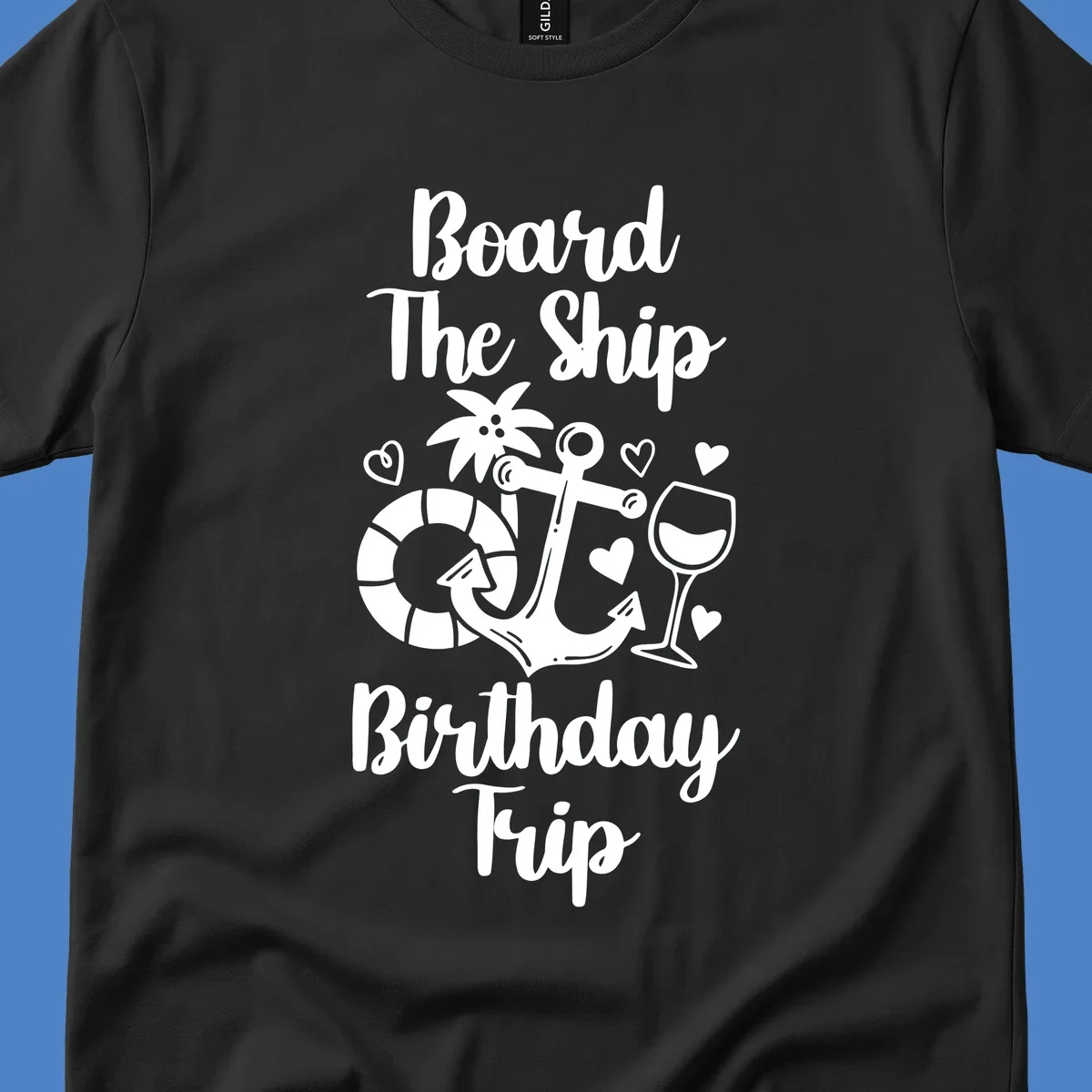 Board the ship birthday trip nautical design with anchor, life preserver, palm tree, wine glass and hearts on gray background