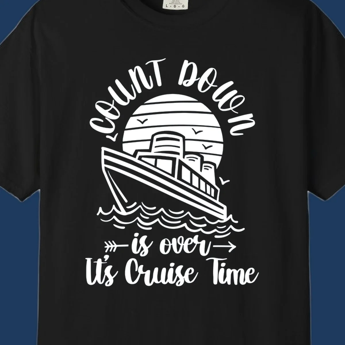 Vintage cruise ship with ocean waves and seagulls, text reads 'Lobster Do You Want Us Over is over Ute Cruise Time' with decorative arrows on gray background.