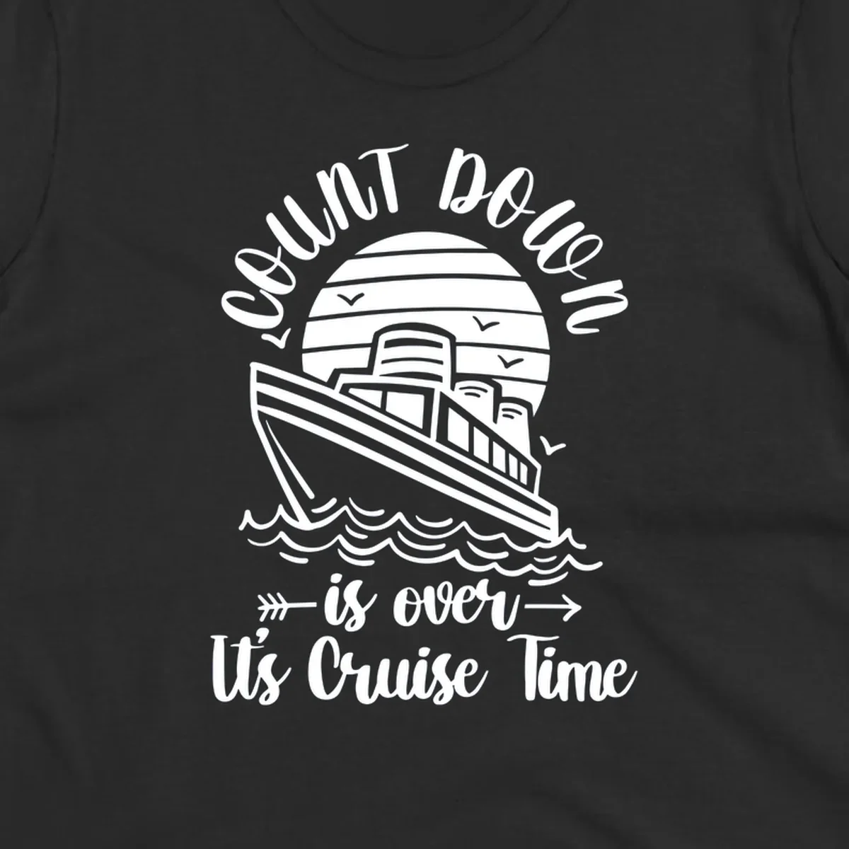 Vintage cruise ship with ocean waves and seagulls, text reads 'Lobster Do You Want Us Over is over Ute Cruise Time' with decorative arrows on gray background.