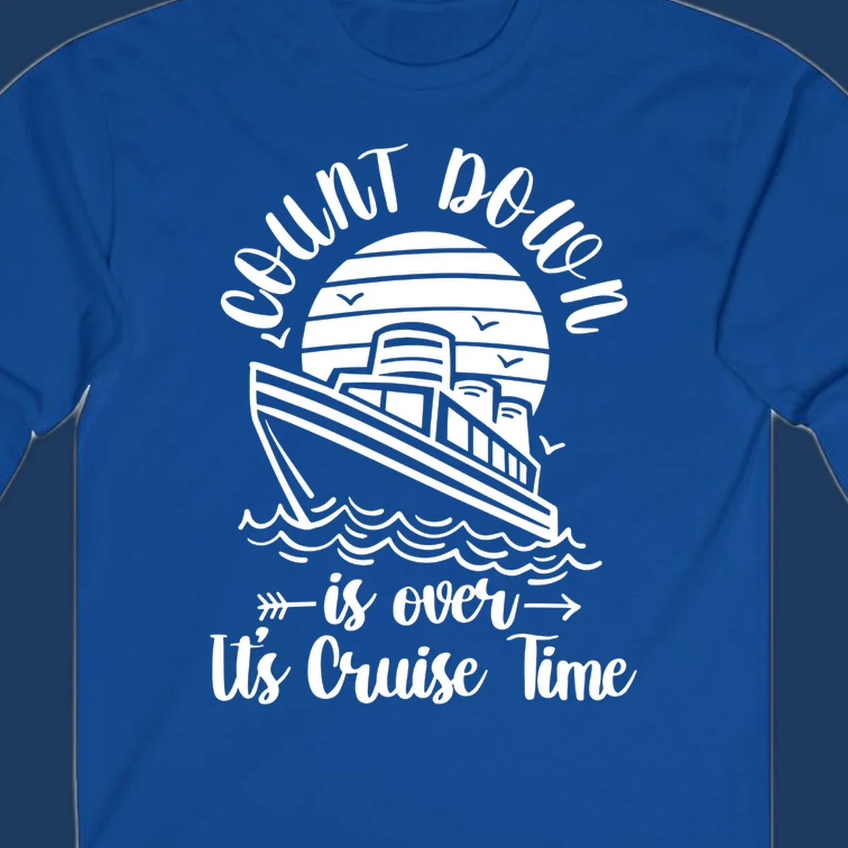 Vintage cruise ship with ocean waves and seagulls, text reads 'Lobster Do You Want Us Over is over Ute Cruise Time' with decorative arrows on gray background.