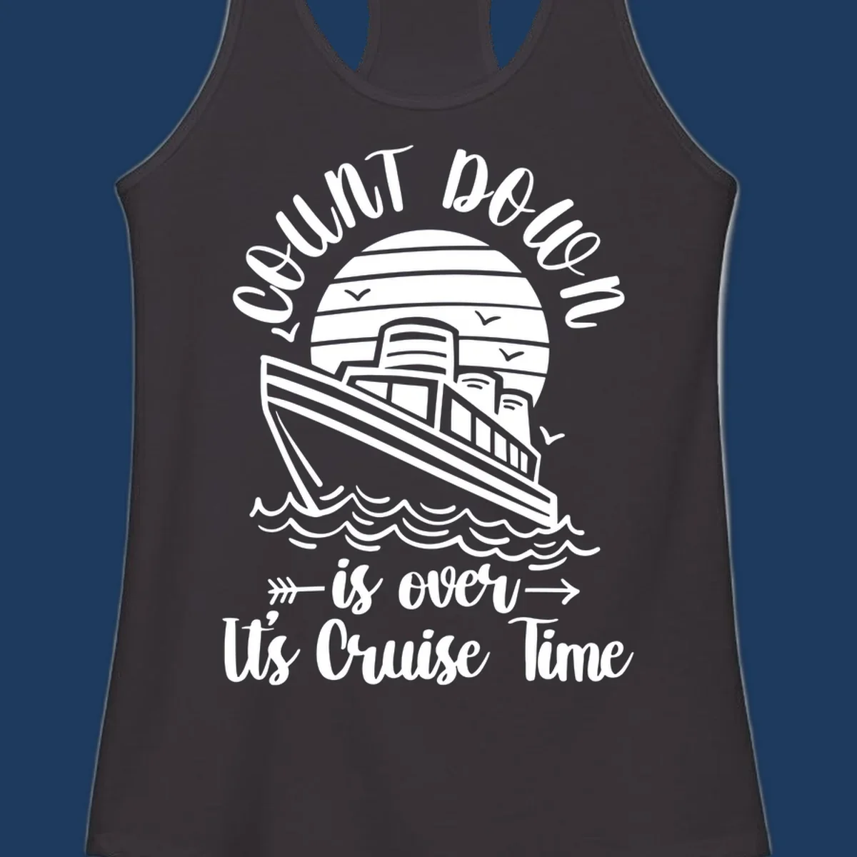Vintage cruise ship with ocean waves and seagulls, text reads 'Lobster Do You Want Us Over is over Ute Cruise Time' with decorative arrows on gray background.