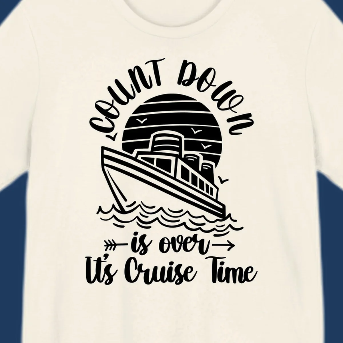 Vintage cruise ship with ocean waves and seagulls, text reads 'Lobster Do You Want Us Over is over Ute Cruise Time' with decorative arrows on gray background.