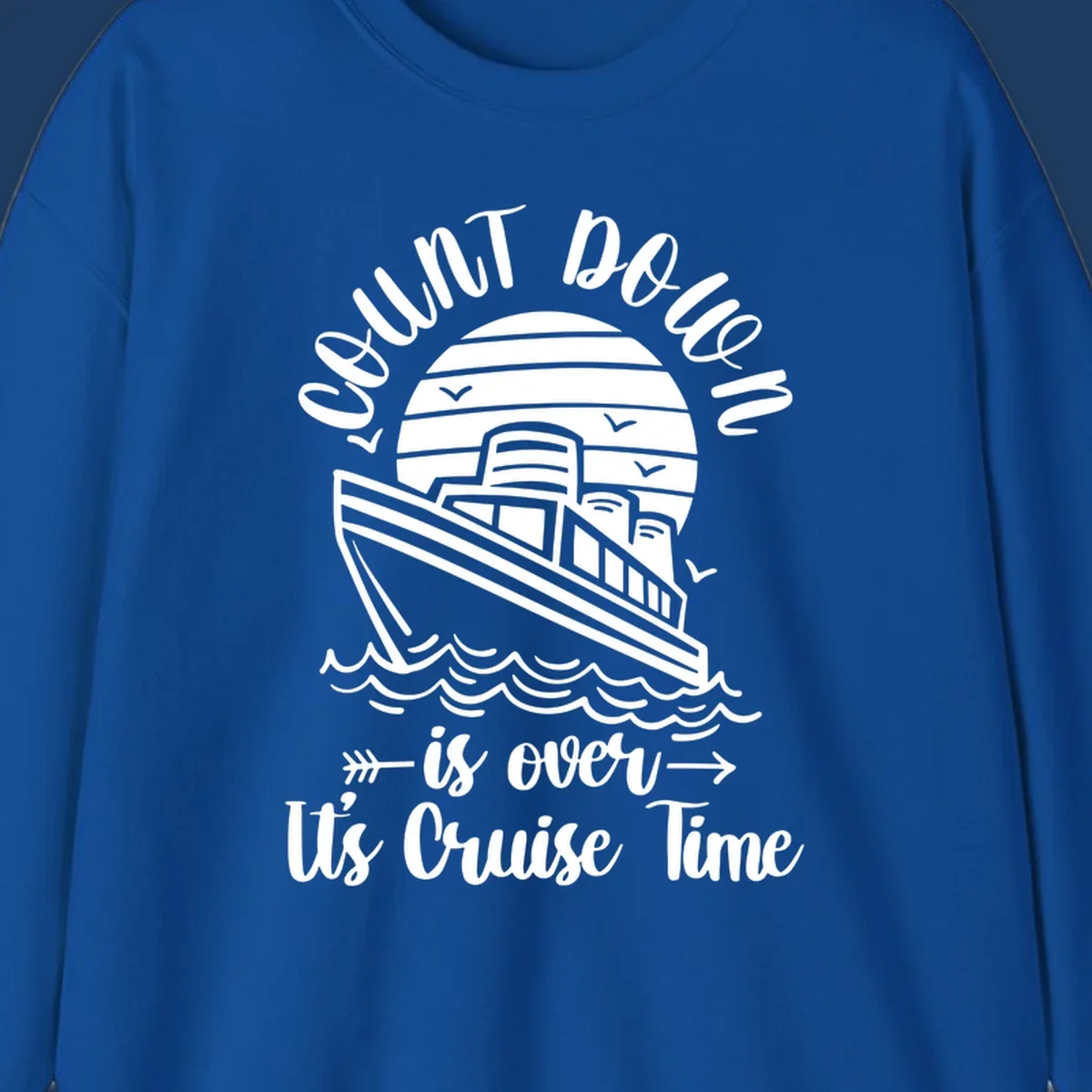 Vintage cruise ship with ocean waves and seagulls, text reads 'Lobster Do You Want Us Over is over Ute Cruise Time' with decorative arrows on gray background.