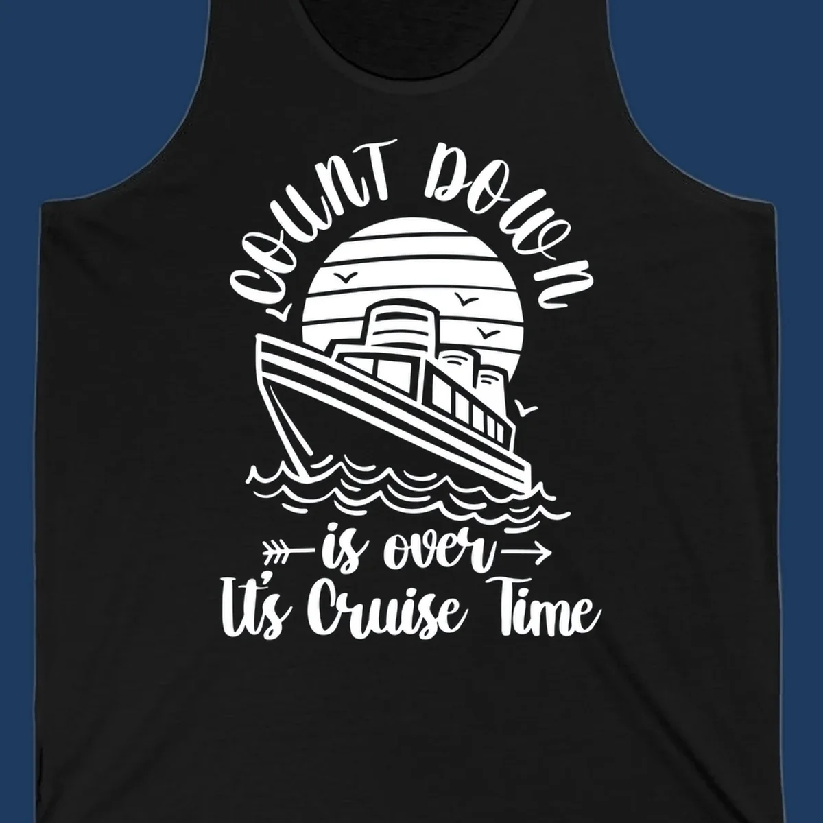 Vintage cruise ship with ocean waves and seagulls, text reads 'Lobster Do You Want Us Over is over Ute Cruise Time' with decorative arrows on gray background.