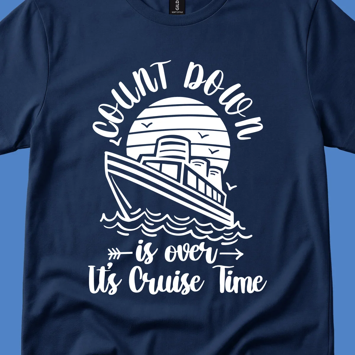 Vintage cruise ship with ocean waves and seagulls, text reads 'Lobster Do You Want Us Over is over Ute Cruise Time' with decorative arrows on gray background.