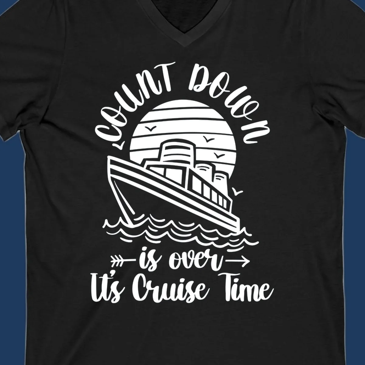 Vintage cruise ship with ocean waves and seagulls, text reads 'Lobster Do You Want Us Over is over Ute Cruise Time' with decorative arrows on gray background.