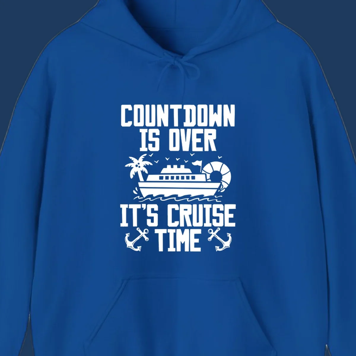 Countdown is over it's cruise time design with cruise ship, palm tree, beach ball, and anchors on gray background