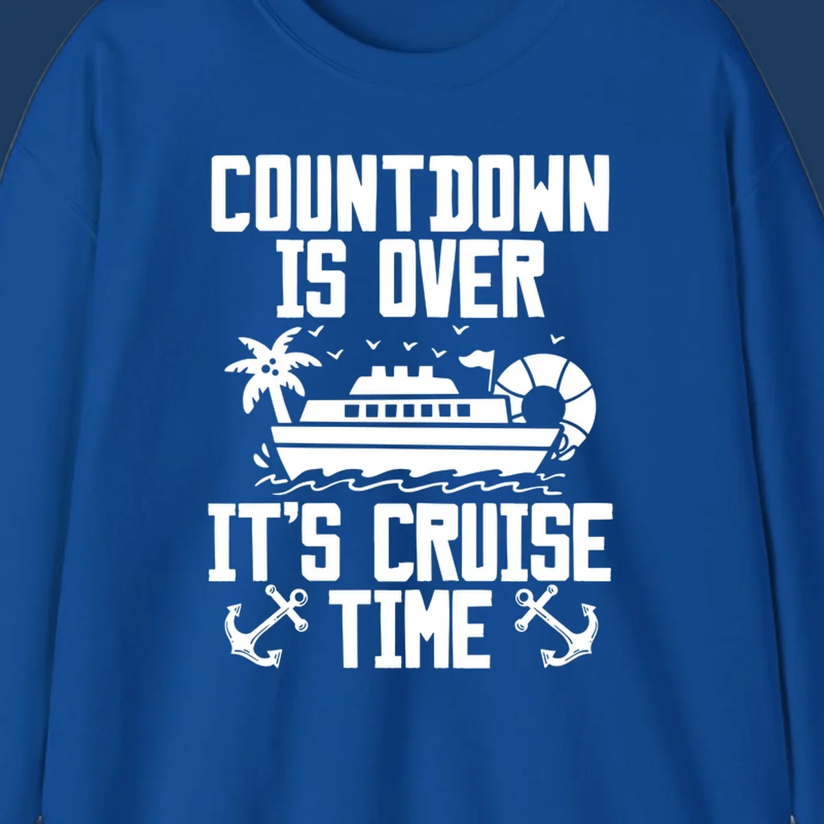 Countdown is over it's cruise time design with cruise ship, palm tree, beach ball, and anchors on gray background
