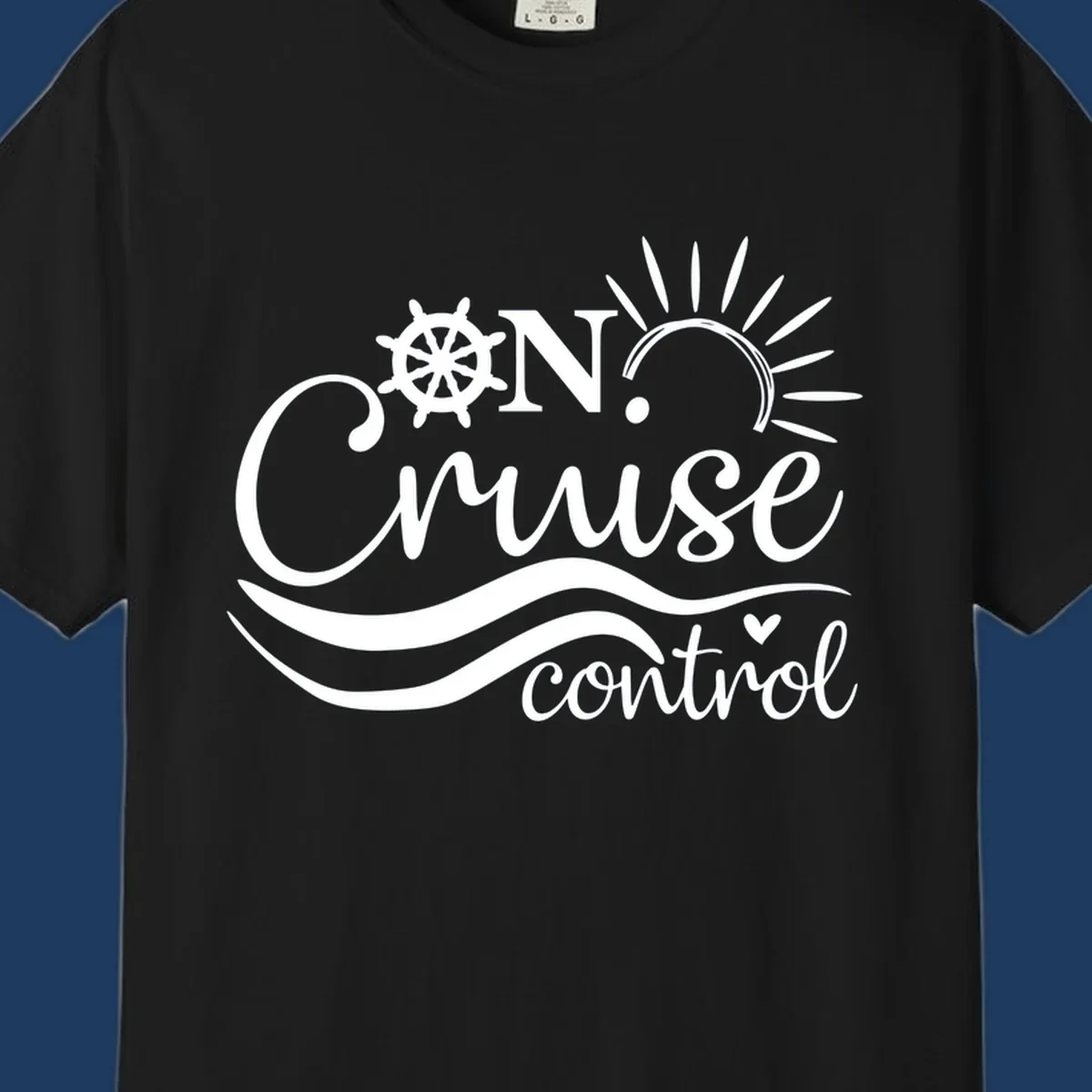 White nautical design with ship wheel, sun rays, and ocean waves surrounding 'ON CRUISE control' text on gray background