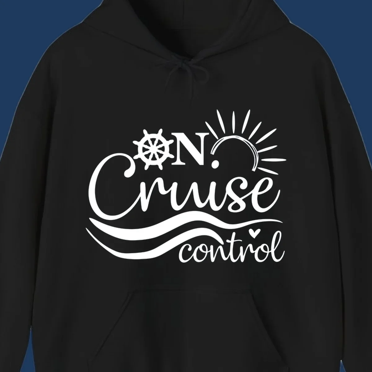 White nautical design with ship wheel, sun rays, and ocean waves surrounding 'ON CRUISE control' text on gray background