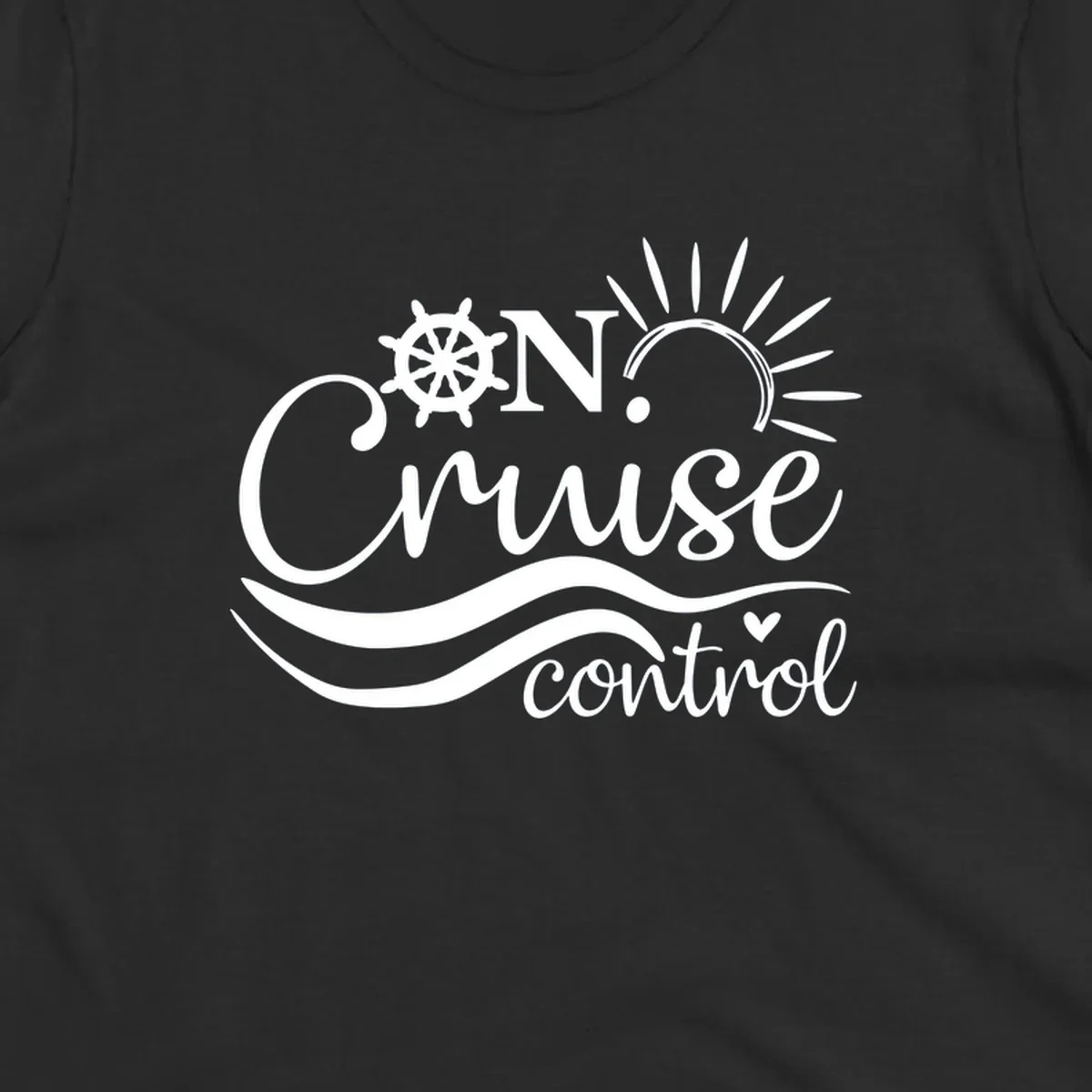 White nautical design with ship wheel, sun rays, and ocean waves surrounding 'ON CRUISE control' text on gray background