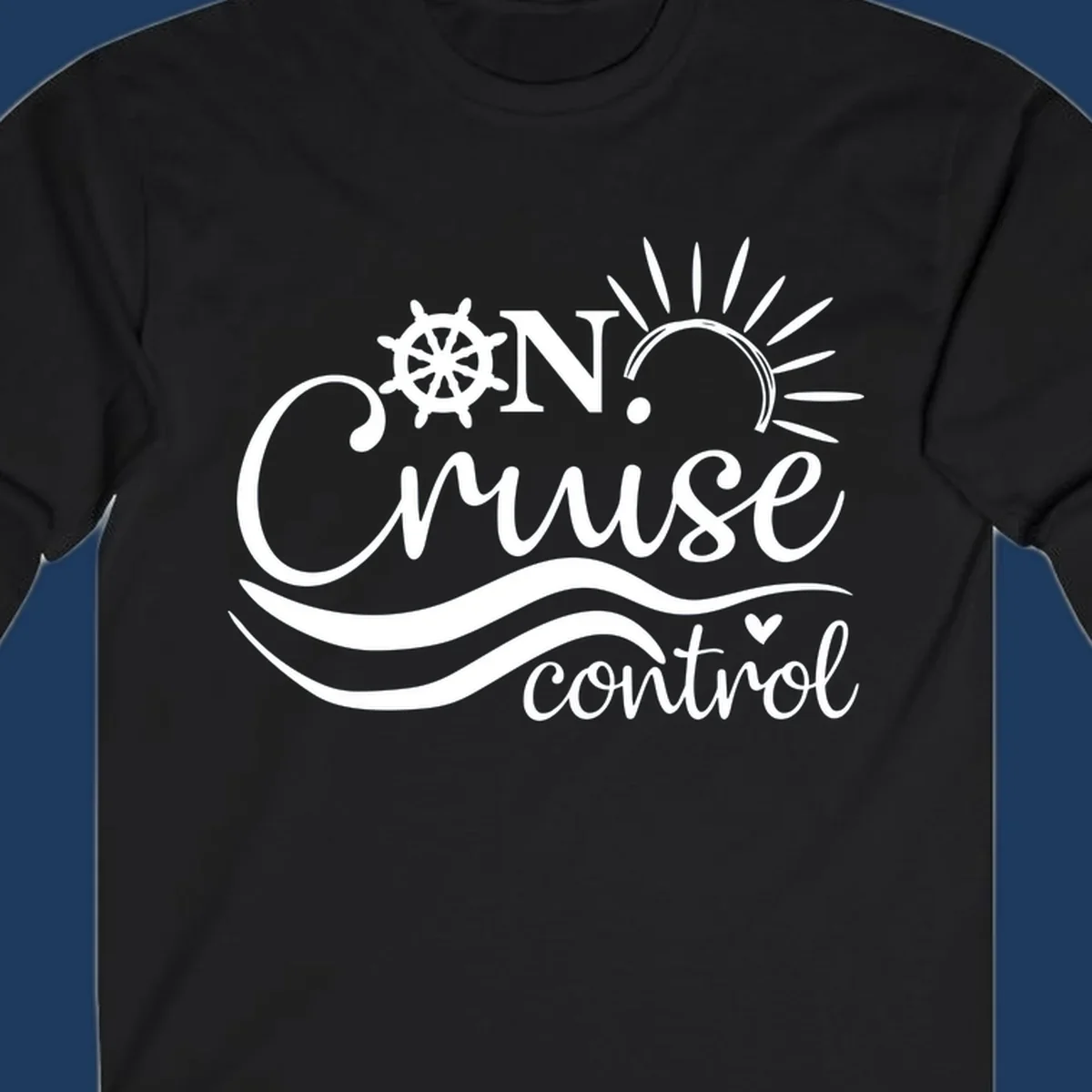 White nautical design with ship wheel, sun rays, and ocean waves surrounding 'ON CRUISE control' text on gray background