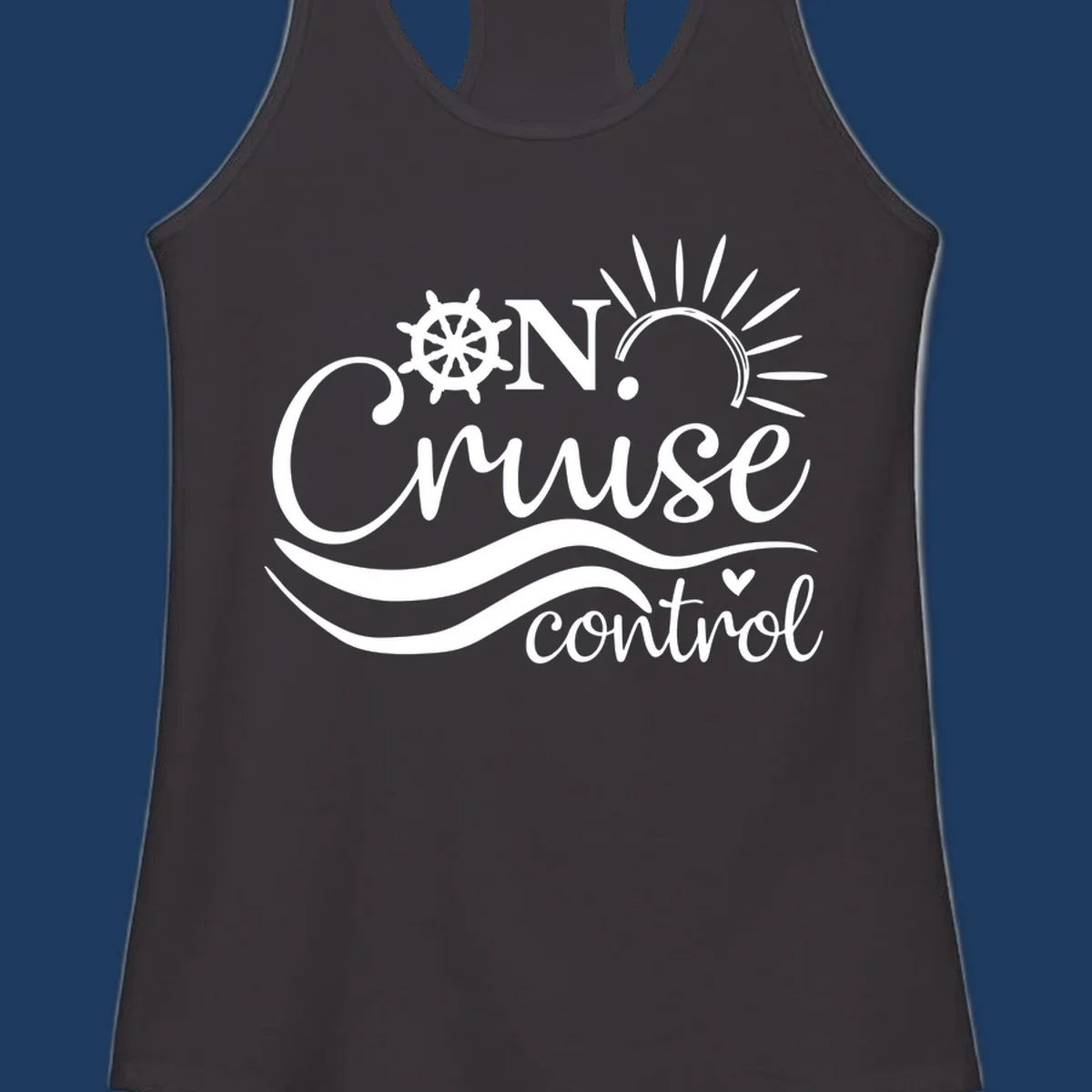 White nautical design with ship wheel, sun rays, and ocean waves surrounding 'ON CRUISE control' text on gray background